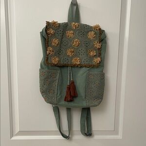 Embroidered Green fabric cotton Backpack with Floral Accents